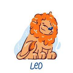Cartoon lion representing the zodiac sign Leo with vibrant orange mane sitting calmly, showcasing its friendly expression. Astrological theme in fun and modern doodle style vector illustration.