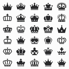 Minimalist Crown Icon Set – Black and White Vector Silhouettes