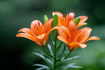 Fototapeta premium Blooming Orange Lilies in Lush Green - Three vibrant orange lilies in full bloom, symbolizing beauty, purity, passion, joy, and summer. A stunning of nature's elegance