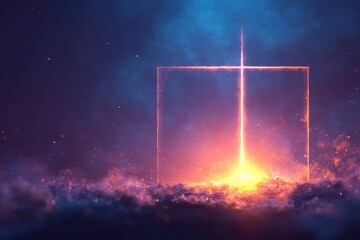 Glowing Square with Light Beam in Dark and Smokey Background