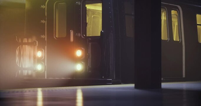 A subway train slowly arrives at an underground platform as warm lights illuminate the area. The atmosphere is both bustling and mysterious, typical of late evening travel.