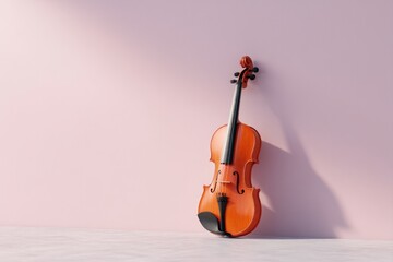 violin standing upright against smooth solid color backdrop highlighting its elegant curves and wood grain with shadows