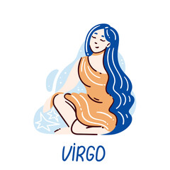 Virgo zodiac sign. Calm woman with long blue hair representing personality traits and astrological symbolism, horoscopes and astrology fans vector illustration.