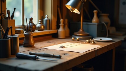 Cozy artisan workshop with wooden tools and warm desk lamp lighting.