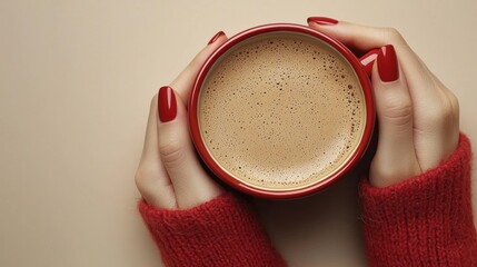 Woman's hands holding a warm beverage in red mug. Cozy autumn background. Perfect for cafe menu or blog