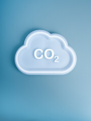 Environmental sustainability, Net zero carbon dioxide reduction, climate change concept. CO2 text icon in 3d white cloud shape isolated on blue vertical background, minimal style.
