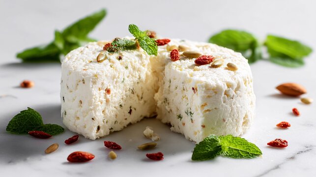 Round Primo Sale Cheese Wheel with a Slice Removed, Garnished with Goji Berries, Seeds, and Mint