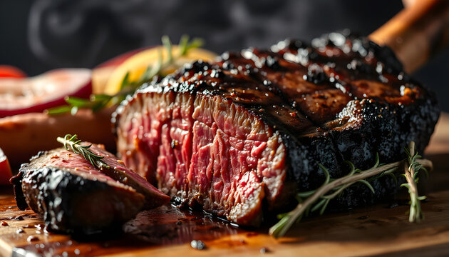 Grilled dry aged tomahawk steak sliced as close-up, silhouette. White tone