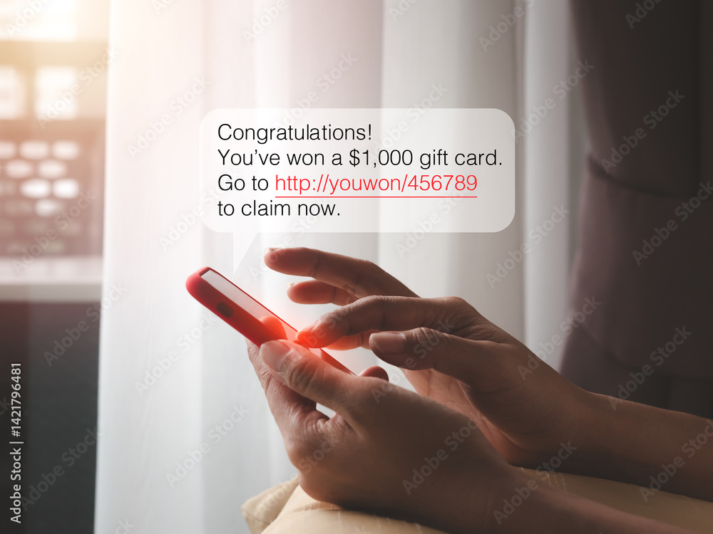 Aufkleber sms scam, scams link from scammer for malware installing concept. text messages, winning congratulat