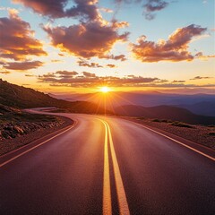 Serene mountain road winding into the sunset, embracing nature's beauty