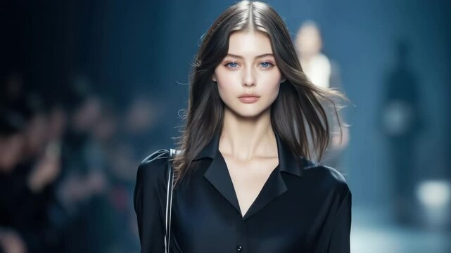 Modern fashionable show runway. Audience admire model walk. High-fashion style, design week. Stylish catwalk cloth collection. Designers clothing demonstration, trendy look. Beautiful women defile.