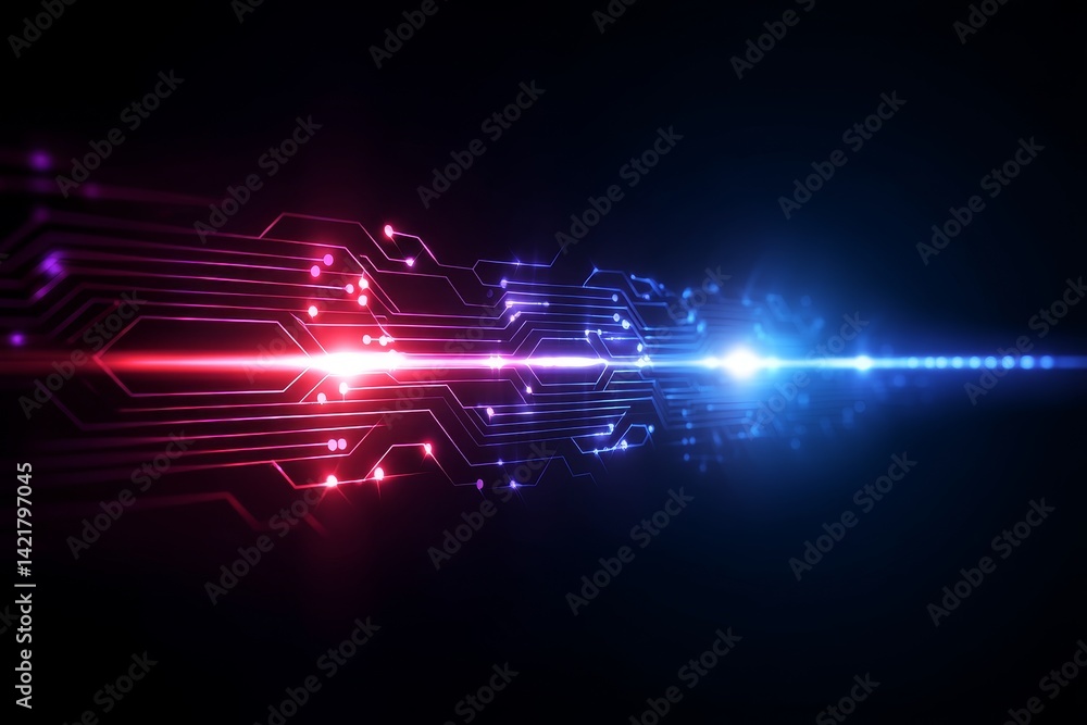 Poster circuitry stream - abstract of glowing circuitry, showcasing data flow and connectivity. red and blu