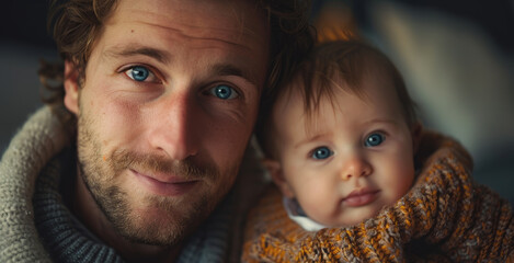 A heartfelt embrace between a father and his baby girl radiates love as they both face the camera.