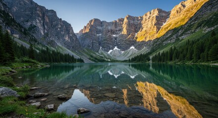 Mountain lake reflects rocky peaks and trees on a sunny day.
