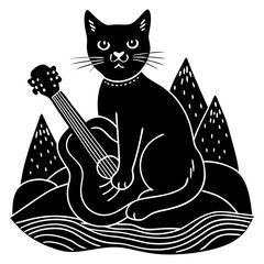 Vector art illustration of a cat playing the guitar and singing.
