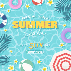 Special offer summer sale discount with summer pool items for social media promotion and shopping event. Top view summer sale vector illustration with swimming pool theme