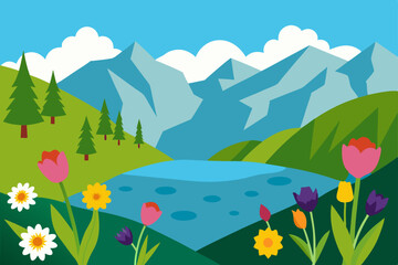 Fototapeta premium Lush summer and spring landscapes with flowers and butterflies under a clear sky, featuring mountains, hills, trees, and a vibrant meadow