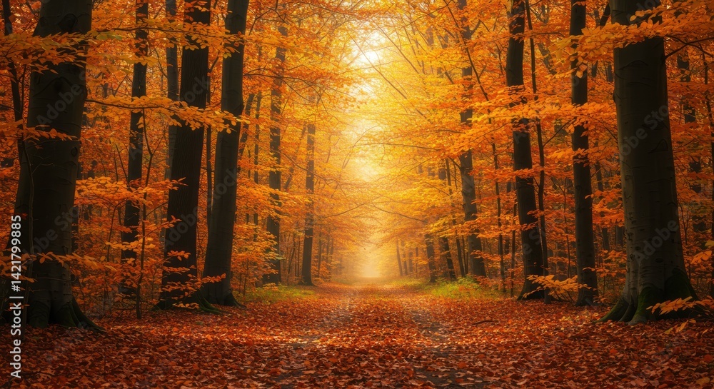 Poster autumn forest with orange leaves and trees creating a path with sunlight.
