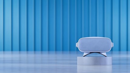 Virtual reality headset atop podium, blue paneled background. Clean, sleek, modern render