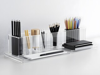 Obraz premium Organized desktop stationery desk accessories with pens pencils notebooks and storage containers for workspace and office supplies