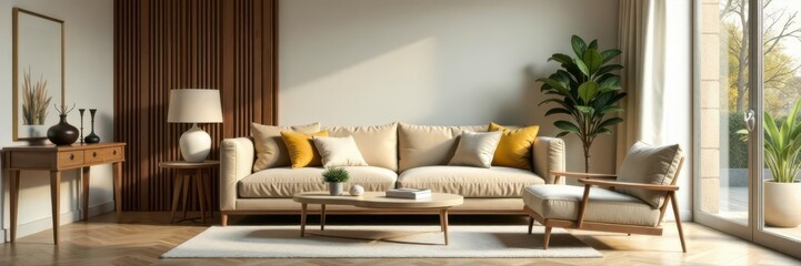 Elegant living room featuring beige velvet sofa, refined accessories , relaxing, peaceful, elegant