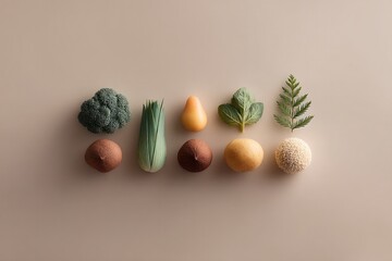 clean minimalistic arrangement of various foods labeled as non-gmo on simple backdrop