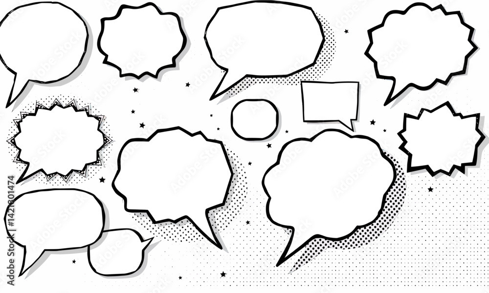 Poster collection of various comic speech bubbles different shapes and sizes, perfect for adding dialogue o