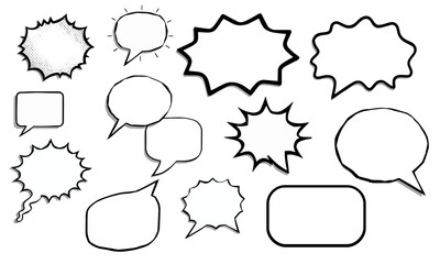 collection of various comic speech bubbles in different shapes and sizes, perfect for adding dialogue or thoughts in illustrations. These elements enhance storytelling and creativity
