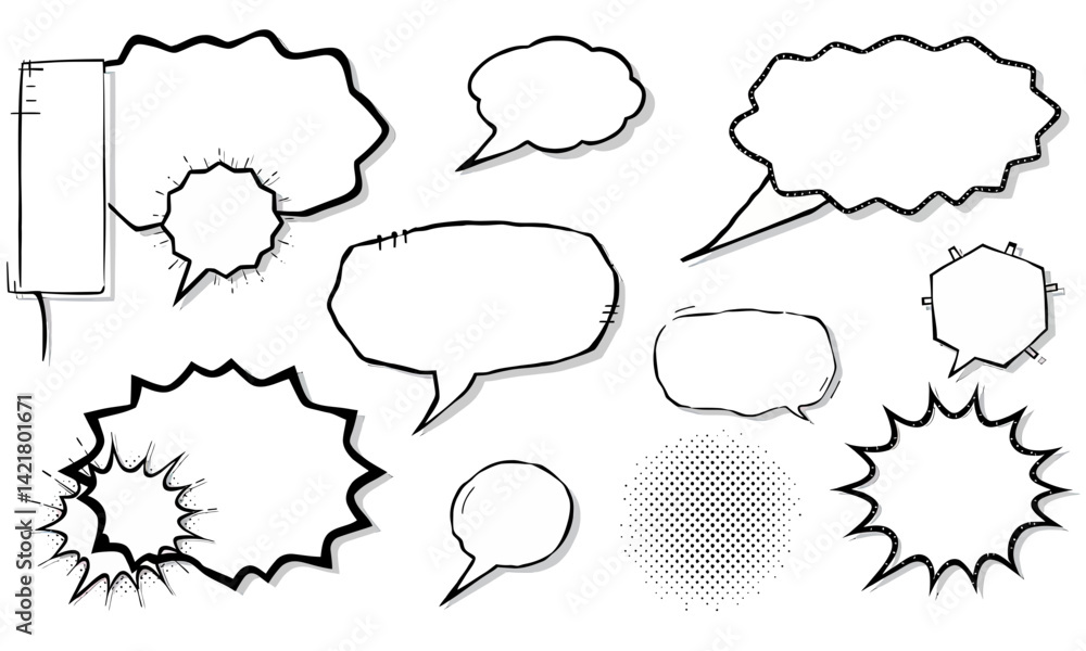 Poster collection of comic speech bubbles and shapes in various styles, including jagged and smooth edges, 