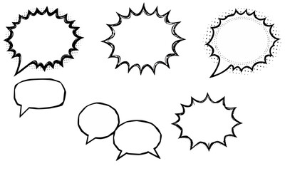 collection of comic speech bubbles in various shapes and sizes, featuring jagged edges and smooth curves, perfect for adding dialogue to illustrations or designs