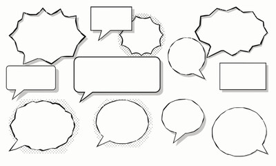 collection of various comic speech bubbles different shapes and sizes, perfect for adding dialogue or thoughts illustrations. These empty speech bubbles can enhance storytelling and creativity