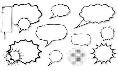 collection of comic speech bubbles and shapes in various styles, including jagged and smooth edges, perfect for adding dialogue or emphasis in illustrations