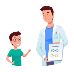 Fototapeta premium Eyesight diagnostics. Optometrist checking kid eyesight. Eyes test procedure in hospital. Ophthalmologist doctor examining eyesight vision of patient