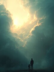 Obraz premium Father and Child Silhouette in Sky