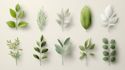 Green and White Paper Cut Leaves on Beige Background