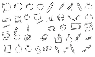 collection of hand drawn school supplies and items including apples, pencils, notebooks, and charts, evoking creative and educational atmosphere