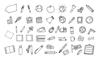 collection of school supplies and educational items including pens, notebooks, globes, and sports equipment, evoking sense of creativity and learning