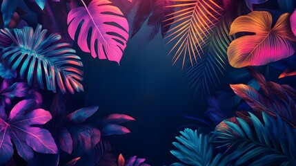 Neon tropical leaves vibrant glowing jungle foliage on dark background.