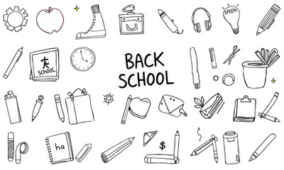collection of hand drawn school related items including pencils, notebooks, clock, and various stationery, evoking sense of nostalgia and excitement for back to school season