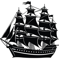 Black Silhouette of a Tall Ship: Vintage Sailing Vessel Illustration, Nautical Art