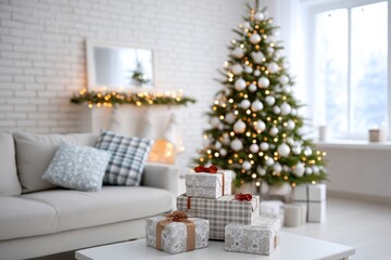 Cozy Christmas Living Room Decor - Festive season ambiance, presents under tree, warm lighting, comfortable sofa, holiday spirit. Symbolizes joy, comfort, family, celebration, and warmth