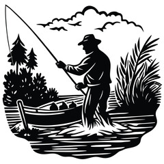 Vintage Woodcut Illustration: Fisherman Casting Line from Boat in Nature Scene