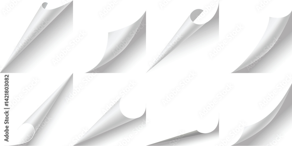 Poster curled paper corners. curve page corner, pages edge curl and bent papers sheet with realistic shadow