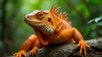 Naklejka premium A Vibrant Orange Iguana Posing on a Branch Surrounded by Lush Greenery in a Tropical Forest