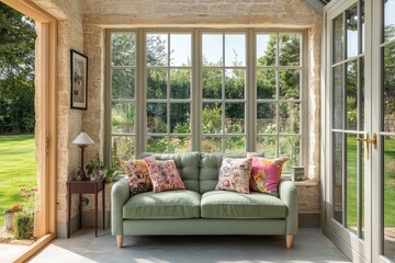 Fototapeta premium Bright and airy sunroom in an English country house with large windows, pastel green sofa, colorful cushions, and garden views, creating a serene atmosphere.