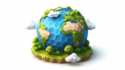 Low Poly Earth Globe with Green Landmasses and Clouds on White Background
