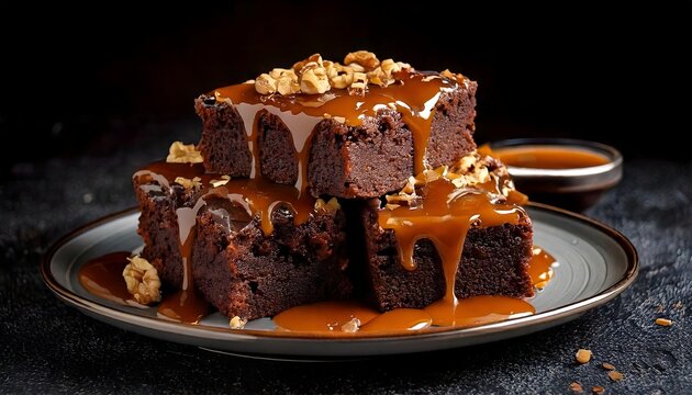 Close-up of rich chocolate brownies with melted caramel and walnut topping in moody lighting