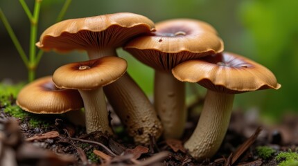 A Cluster of Exquisite Mushrooms Nestled Amongst Lush Greenery in a Tranquil Forest Setting