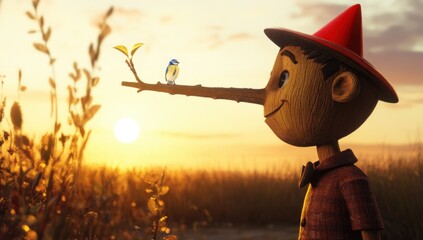 Vintage Pinocchio taking a walk in the countryside at sunset