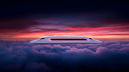 Futuristic White High Speed Train Above Clouds at Sunset